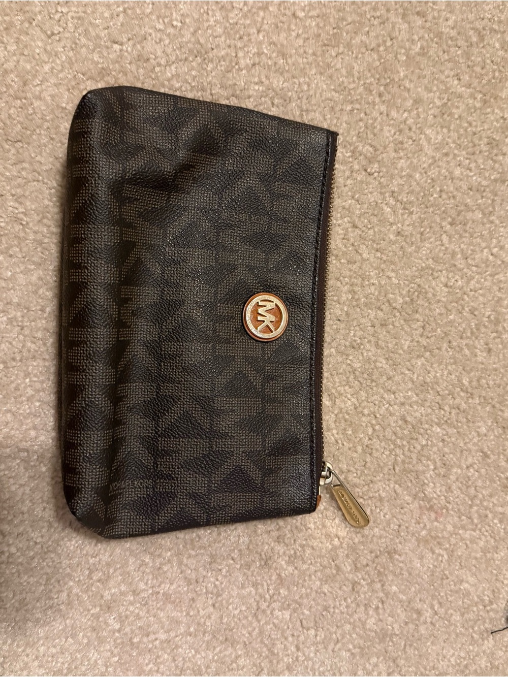 Michael Kors Brown/Black Monogram Zip Pouch with Gold Logo